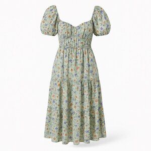 ASTR The Label Puff Sleeve Floral Tiered Midi Dress Open Crisscross Tie Back | S